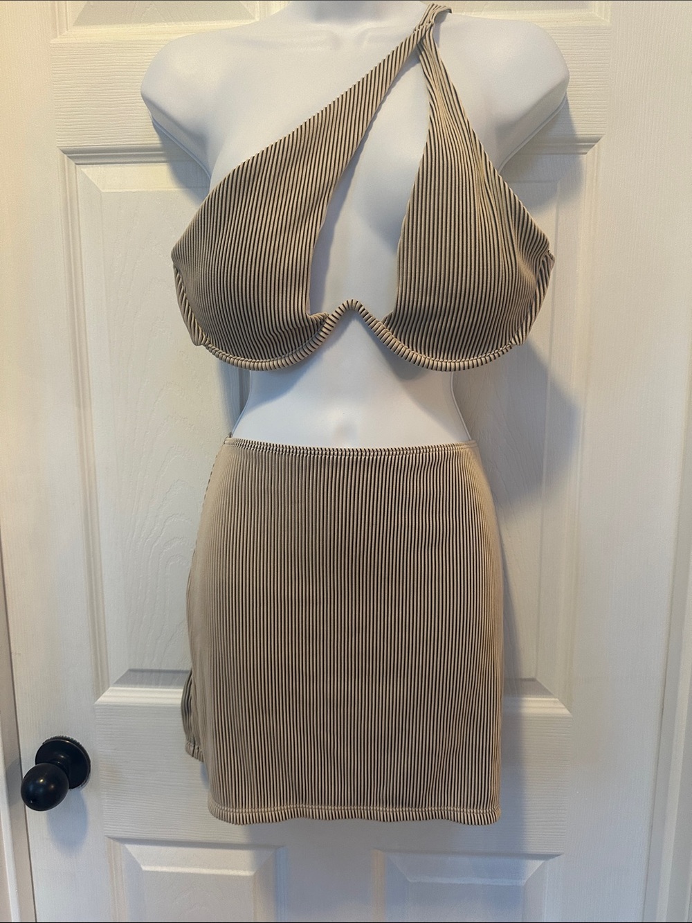 Cupshe Taupe and Black Ribbed Two-Piece Bikini Set (skirt & top) vacation/cruise